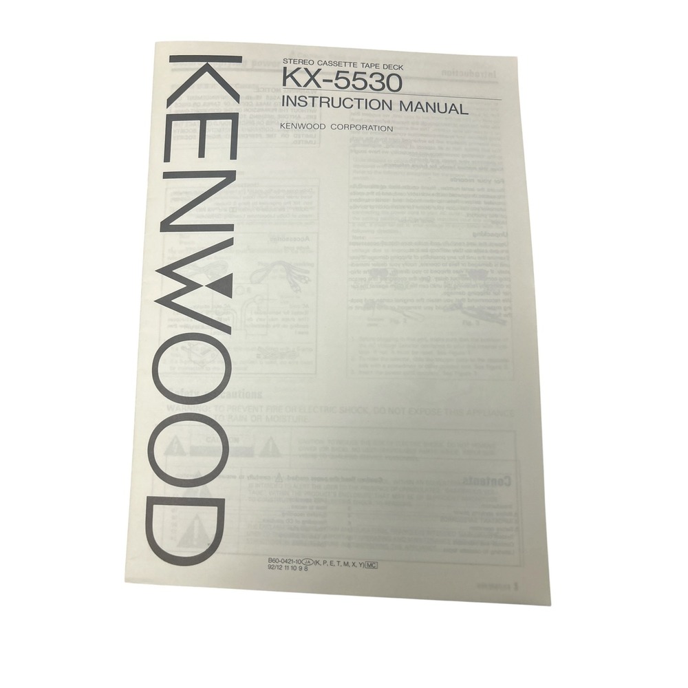 1990s Kenwood KX-5530 Stereo Cassette Deck Instruction Manual, Warranty & Insert